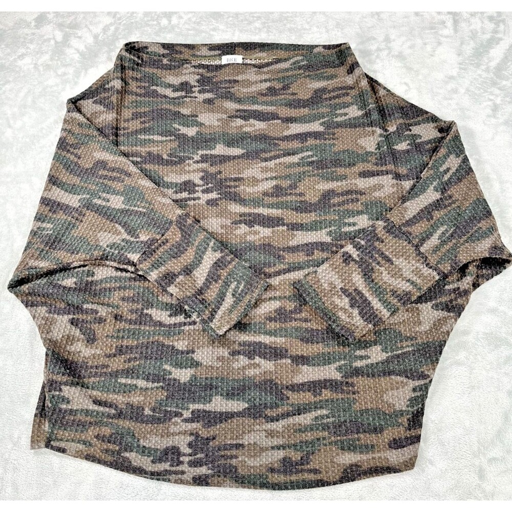 BKE Camo Thermal Shirt Womens XL Green Camouflage Waffle Knit Dolman Slouchy